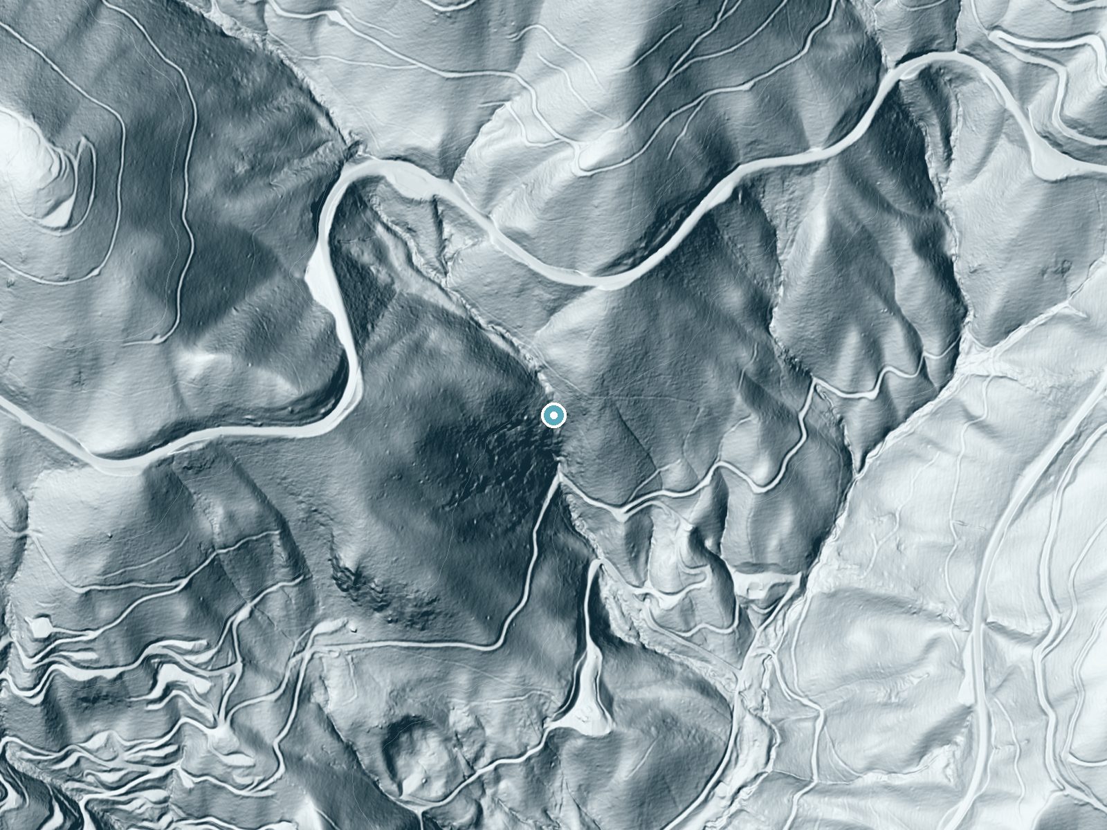 LiDAR bare-earth terrain around Woodfin Falls near Maggie Valley, North Carolina, showing about 352 feet of drop, a steep tiered drop, facing south