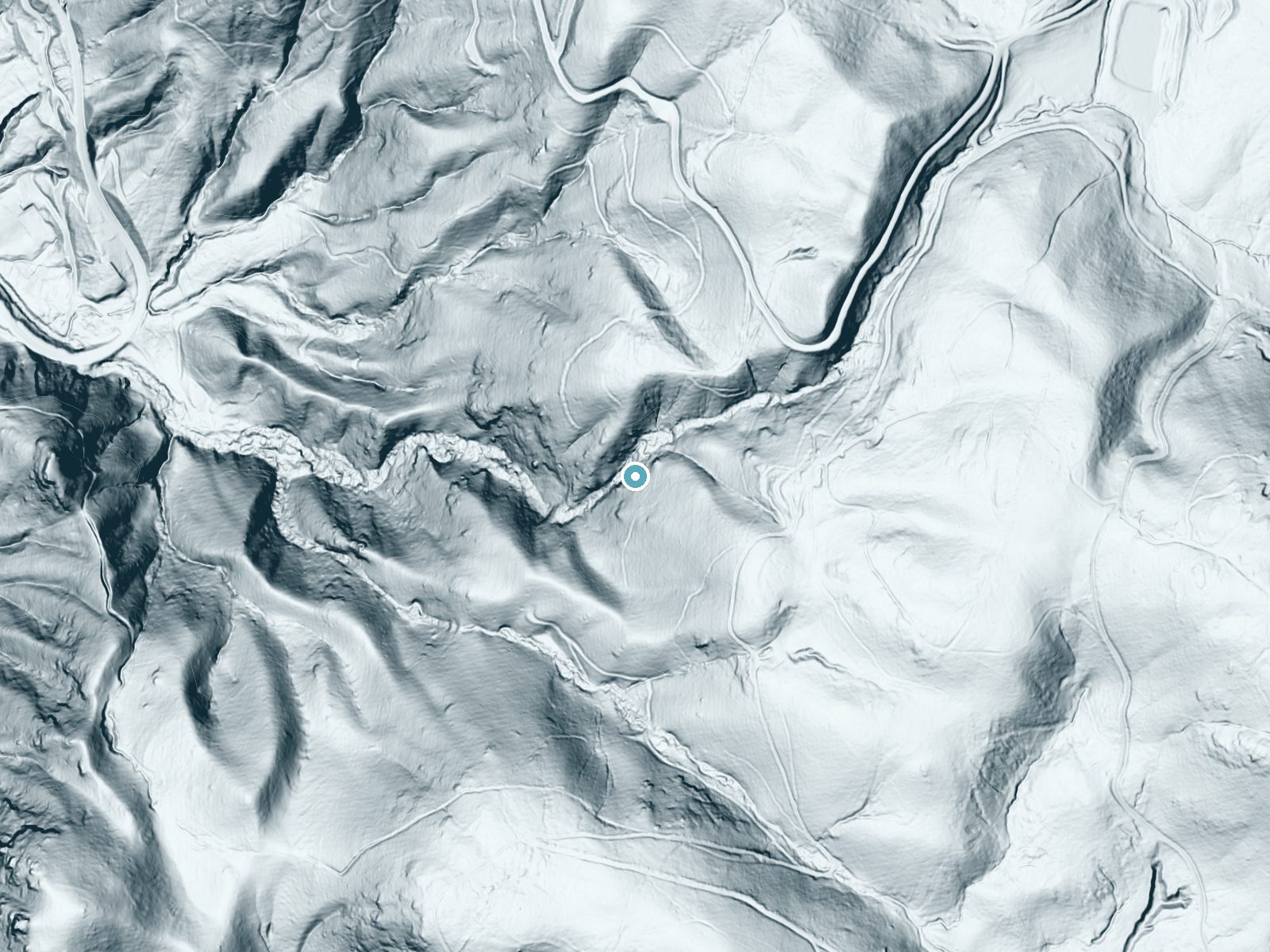 LiDAR bare-earth terrain around The Cascades near Chimney Rock Village, North Carolina, showing about 259 feet of drop, a steep tiered drop, facing west