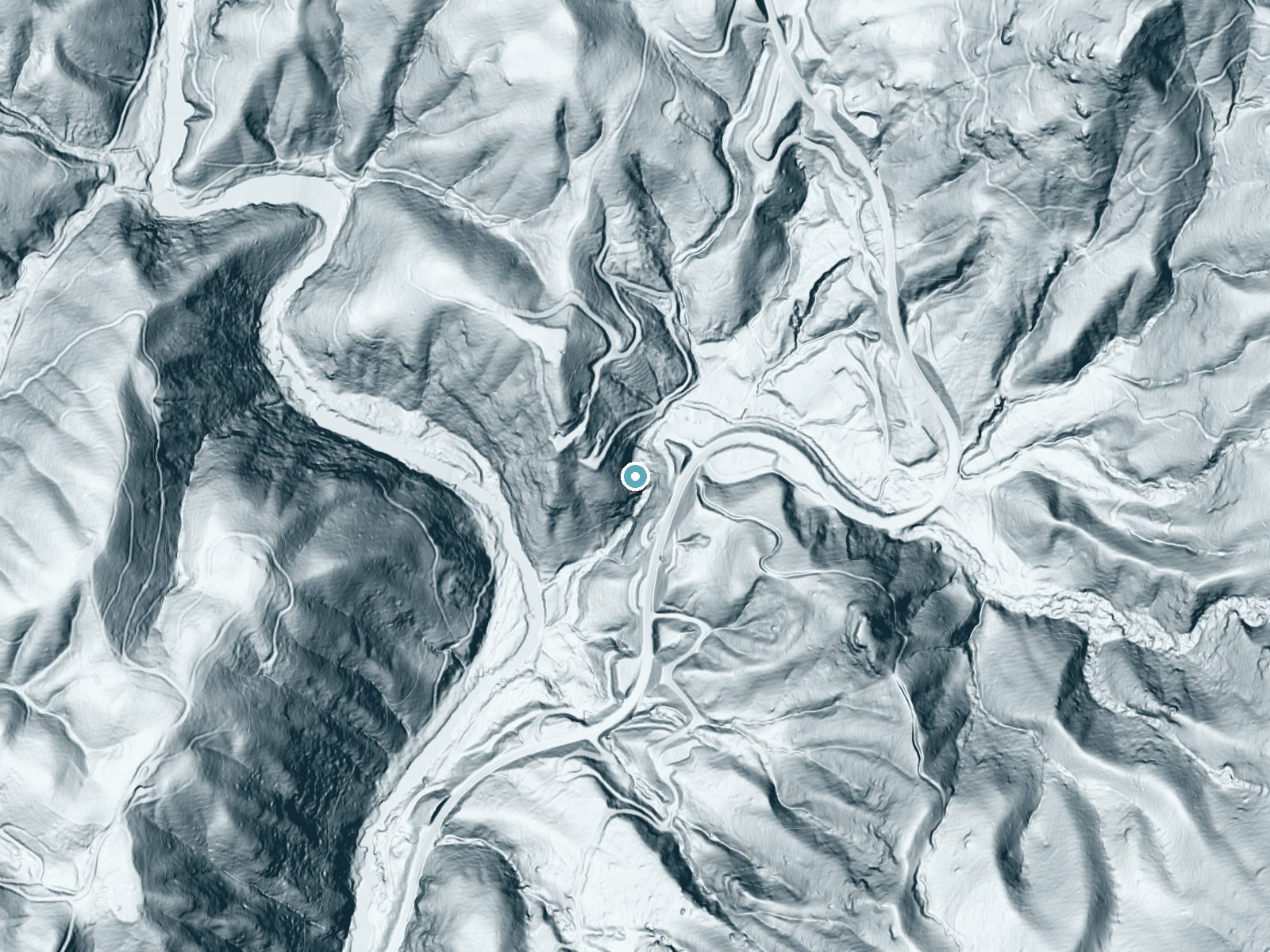 LiDAR bare-earth terrain around Camp Minnehaha Falls near Chimney Rock Village, North Carolina, showing about 211 feet of drop, a steep tiered drop, facing south