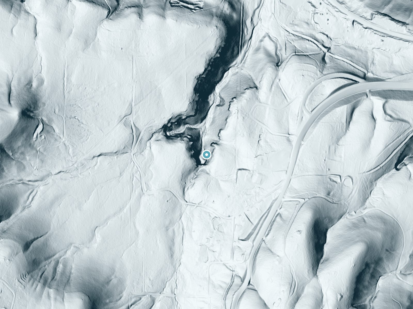 LiDAR bare-earth terrain around Bridal Veil Falls near Heber Springs, Arkansas, showing about 123 feet of drop, a steep tiered drop, facing northwest