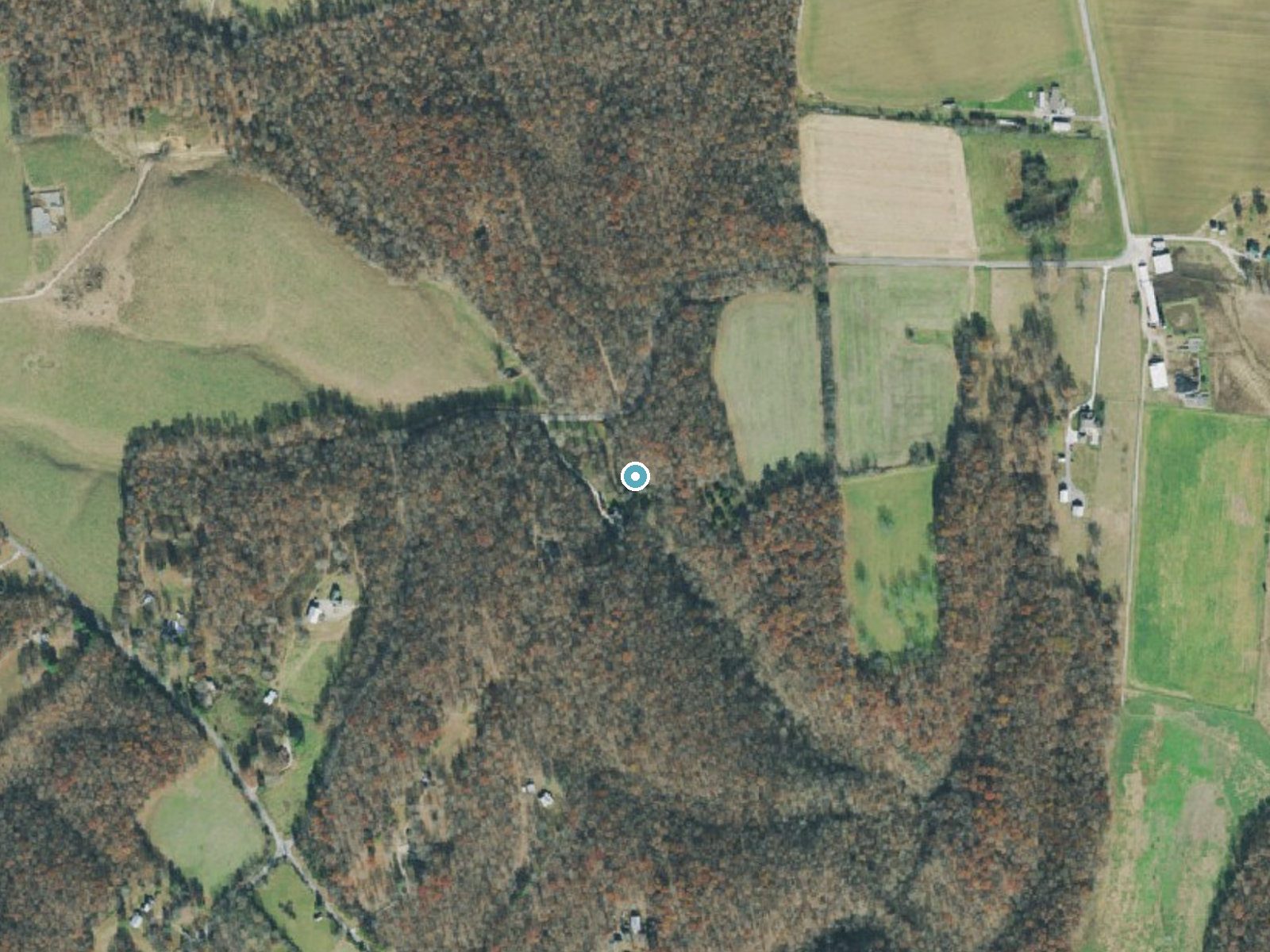 Aerial photo of the same ground around Baker Falls near Manchester, Tennessee, for comparison with the lidar view