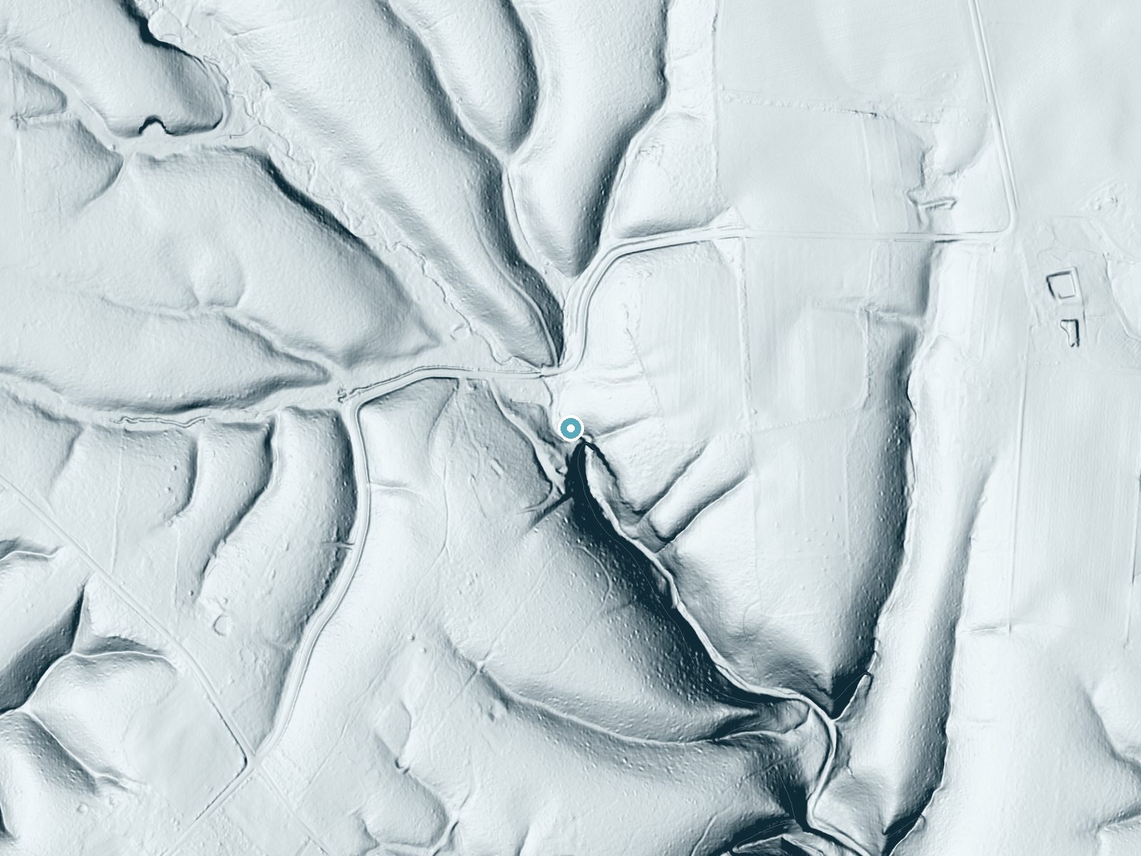 LiDAR bare-earth terrain around Baker Falls near Manchester, Tennessee, showing about 106 feet of drop, a long cascade, facing south