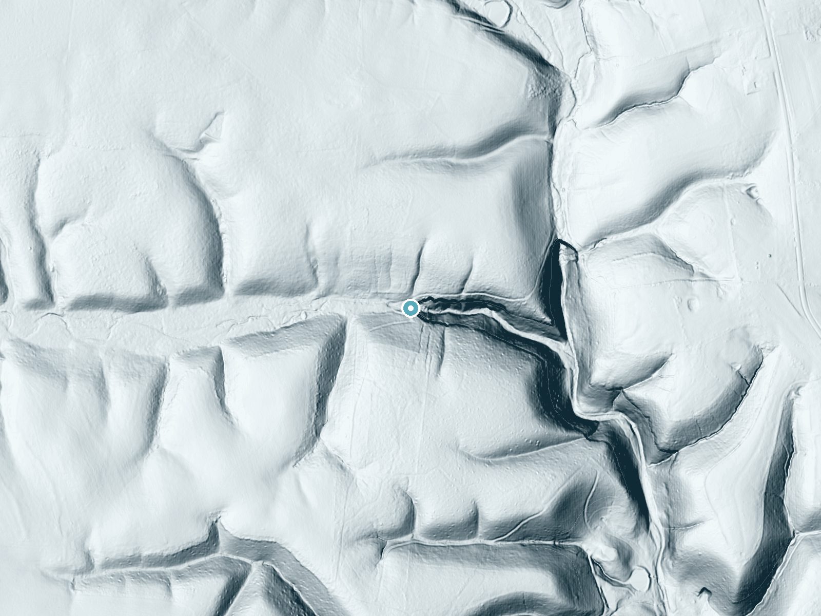 LiDAR bare-earth terrain around Bosworth Falls near Manchester, Tennessee, showing about 126 feet of drop, a steep tiered drop, facing east