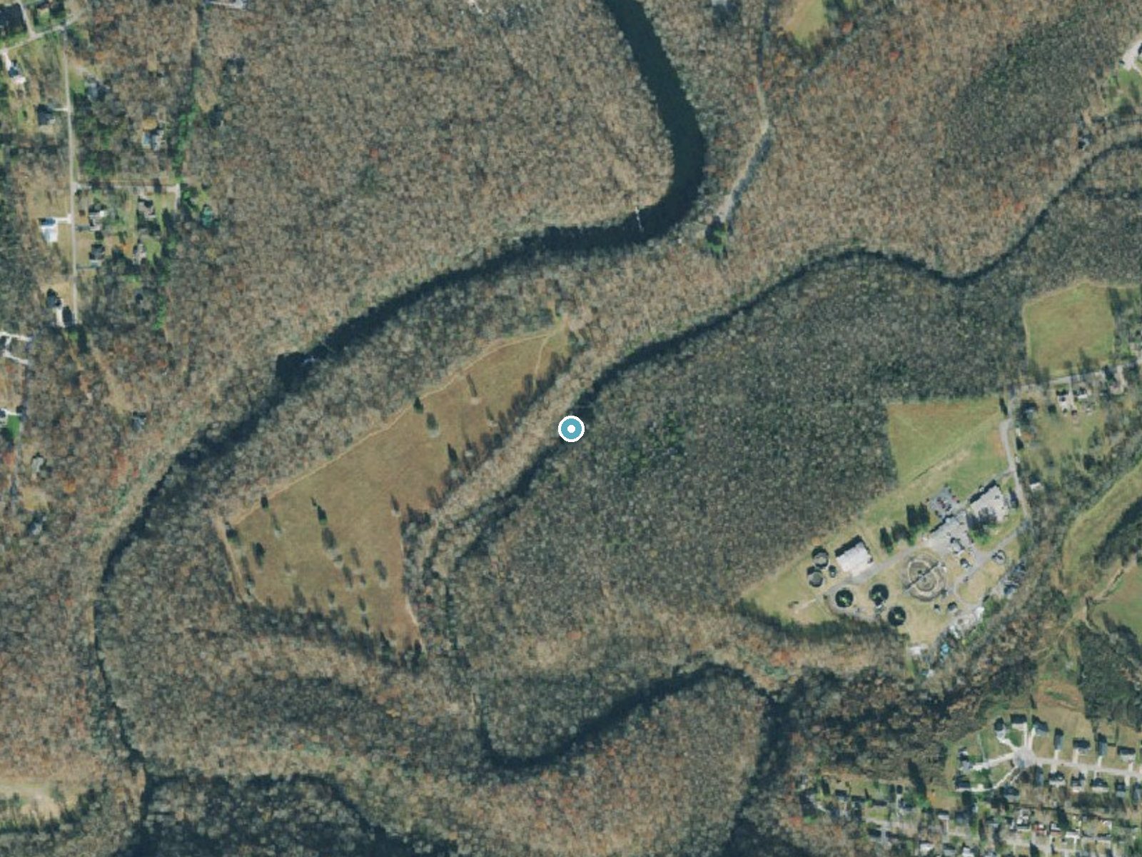 Aerial photo of the same ground around Little Falls near Manchester, Tennessee, for comparison with the lidar view