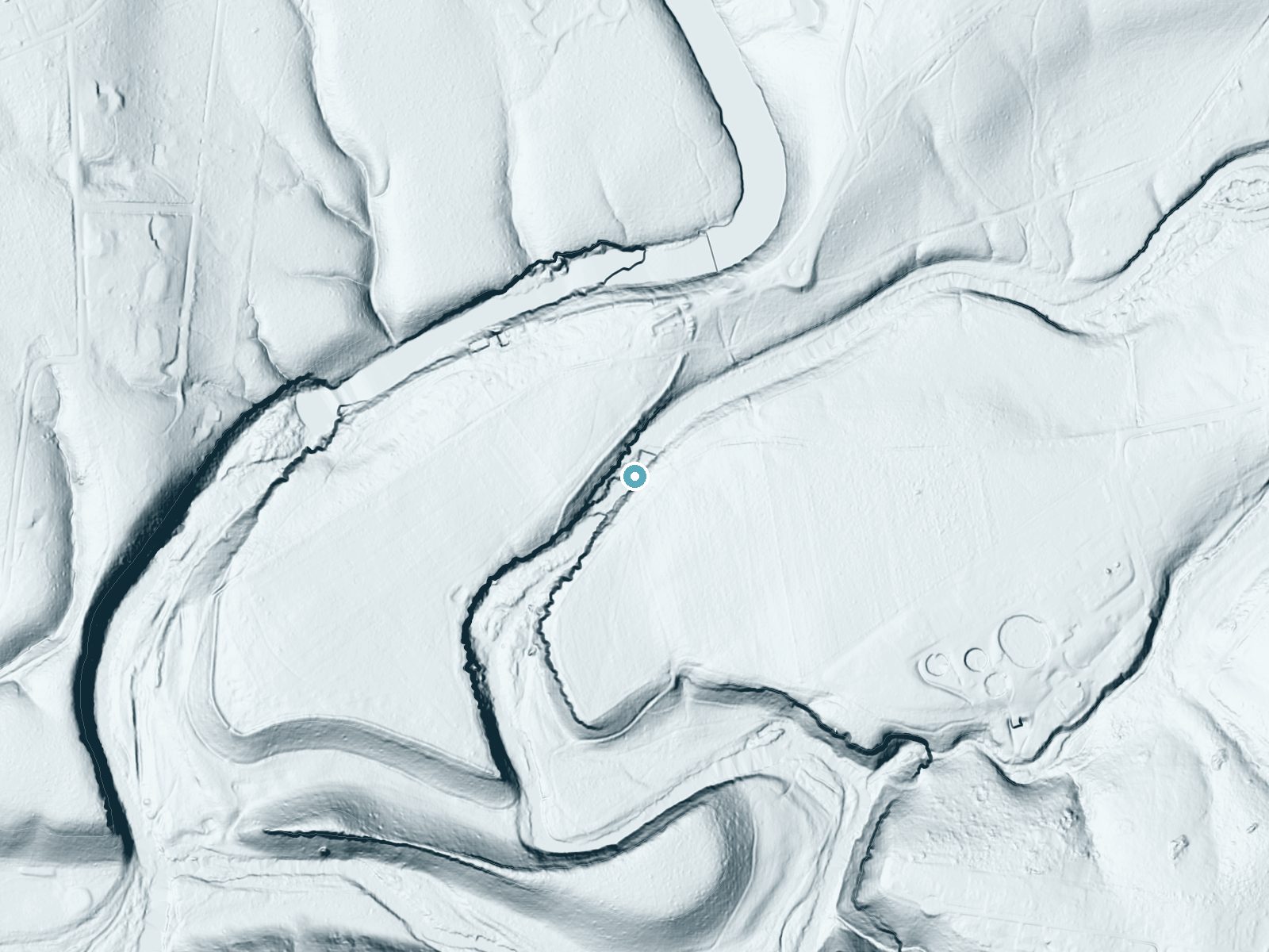 LiDAR bare-earth terrain around Little Falls near Manchester, Tennessee, showing about 70 feet of drop, a long cascade, facing south