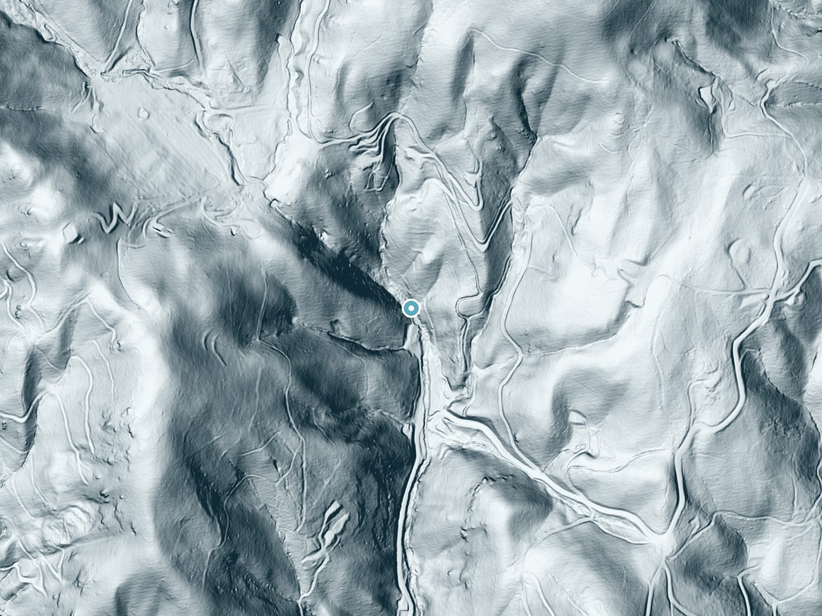 LiDAR bare-earth terrain around Toms Falls near Gerton, North Carolina, showing about 155 feet of drop, a steep tiered drop, facing south