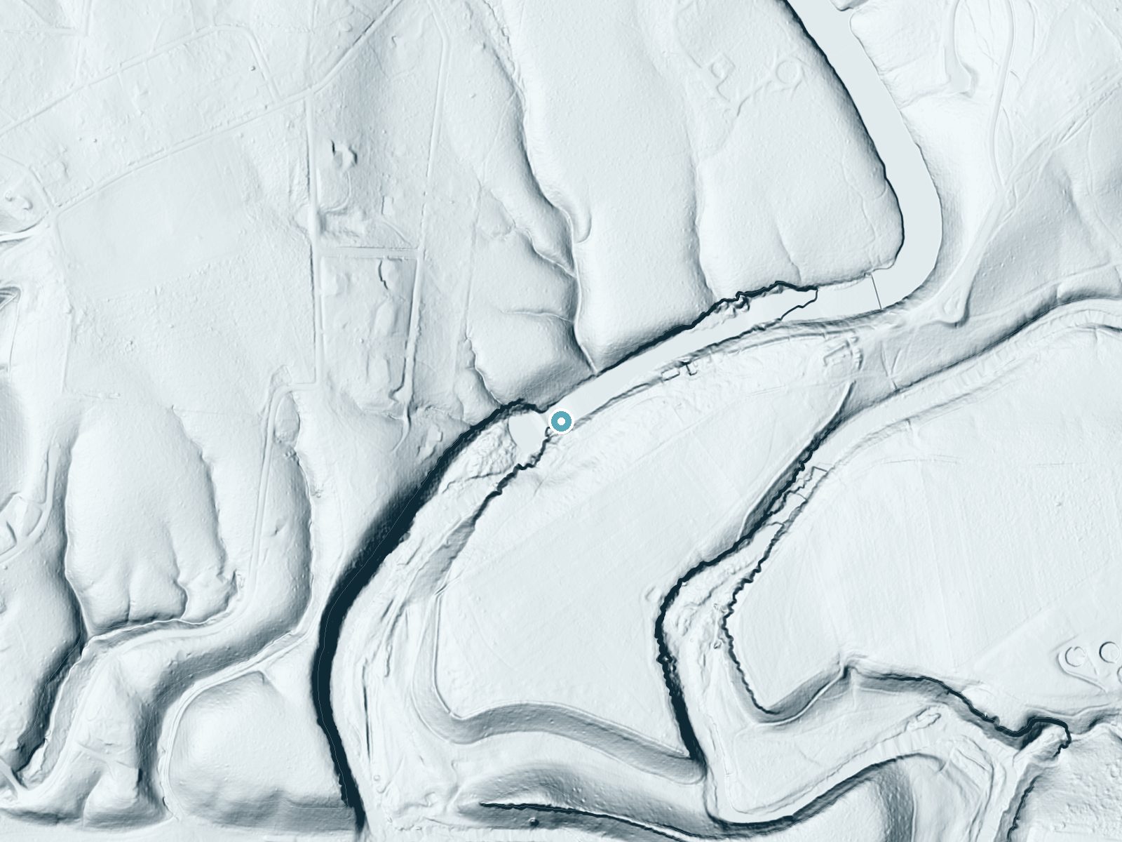 LiDAR bare-earth terrain around Big Falls near Manchester, Tennessee, showing about 85 feet of drop, a long cascade, facing west