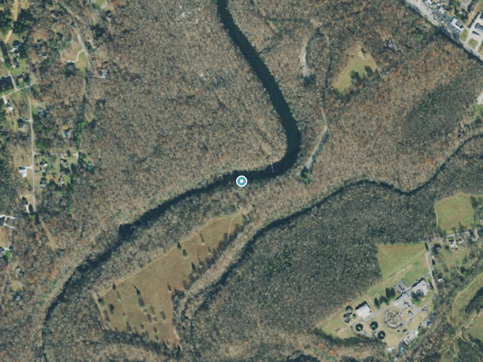 Aerial photo of the same ground around Bluehole Falls near Manchester, Tennessee, for comparison with the lidar view