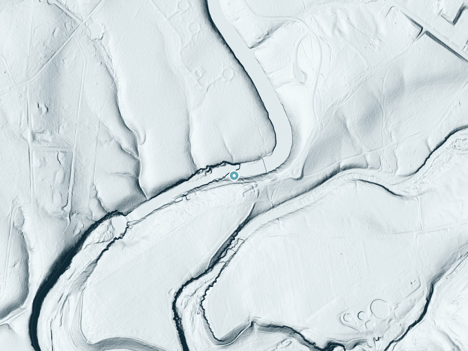 LiDAR bare-earth terrain around Bluehole Falls near Manchester, Tennessee, showing about 72 feet of drop, a steep tiered drop, facing northwest
