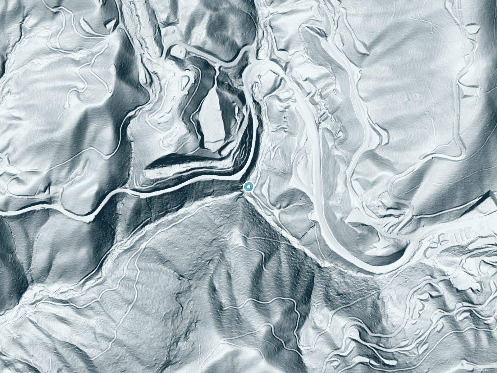 LiDAR bare-earth terrain around Soco Falls near Cherokee, North Carolina, showing about 196 feet of drop, a steep tiered drop, facing southwest
