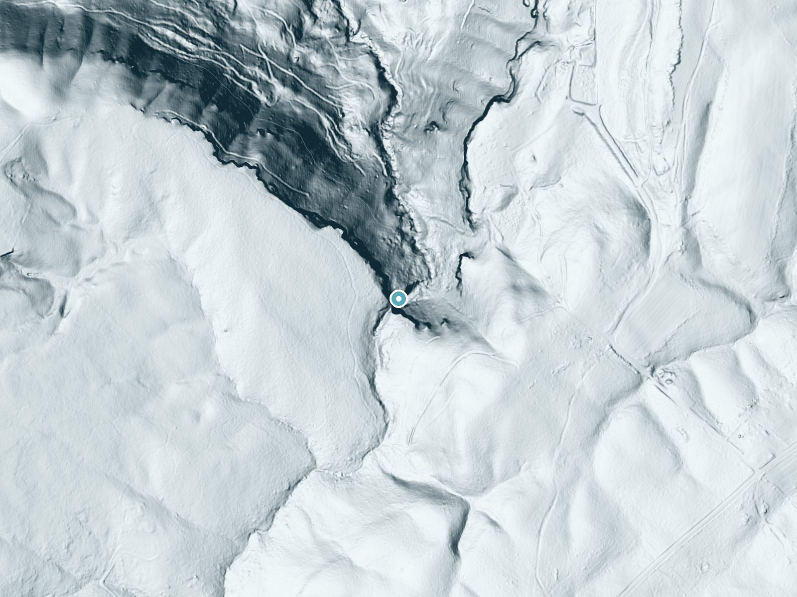 LiDAR bare-earth terrain around Crystal Falls near Pikeville, Tennessee, showing about 180 feet of drop, a single sheer drop, facing northeast
