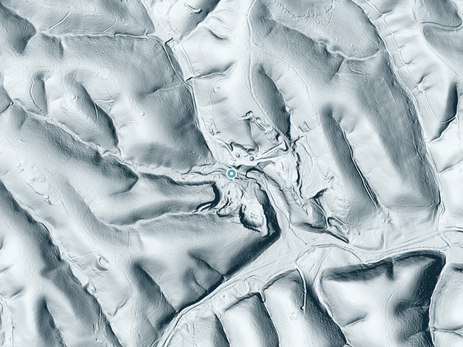 LiDAR bare-earth terrain around Eagle Falls near Summertown, Tennessee, showing about 58 feet of drop, a long cascade, facing northeast