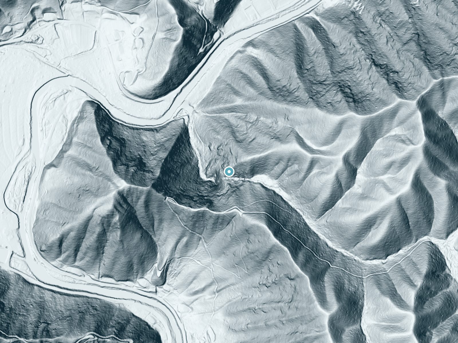 LiDAR bare-earth terrain around Mingo Falls near Cherokee, North Carolina, showing about 383 feet of drop, a steep tiered drop, facing west