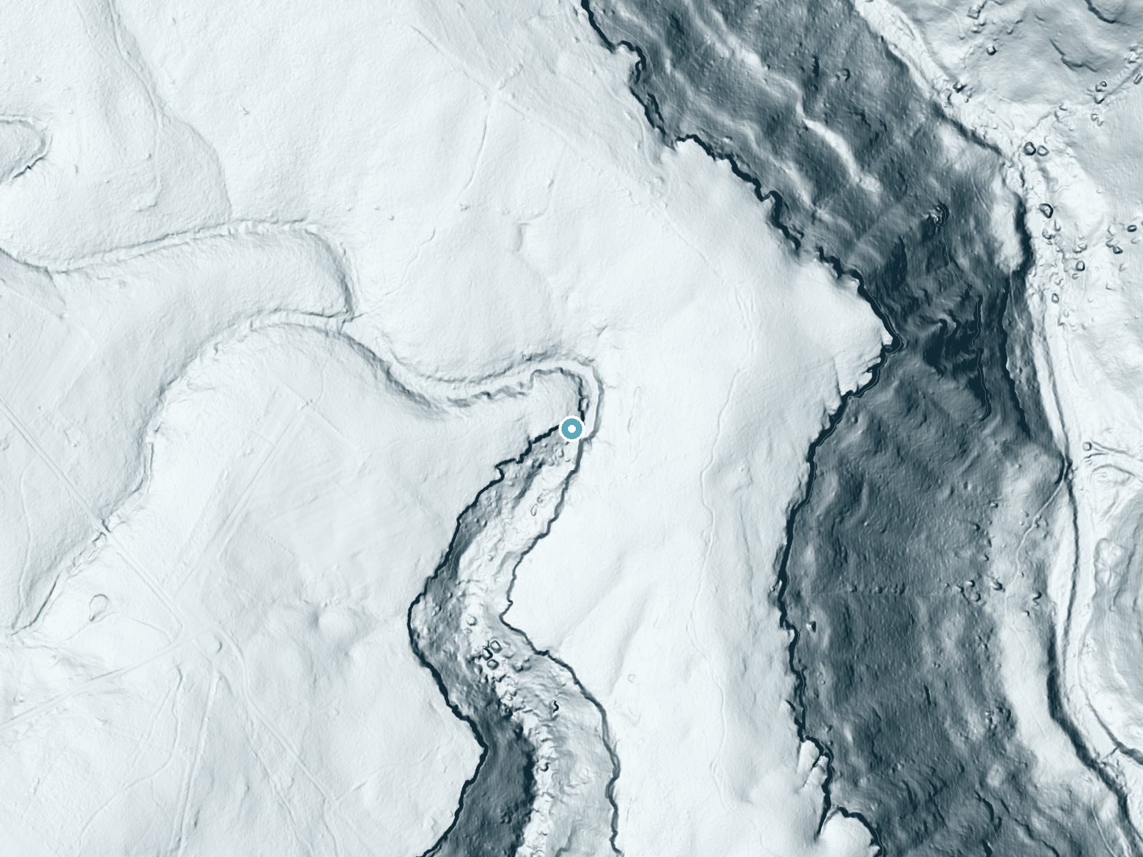 LiDAR bare-earth terrain around Snow Falls near Dayton, Tennessee, showing about 88 feet of drop, a steep tiered drop, facing southwest