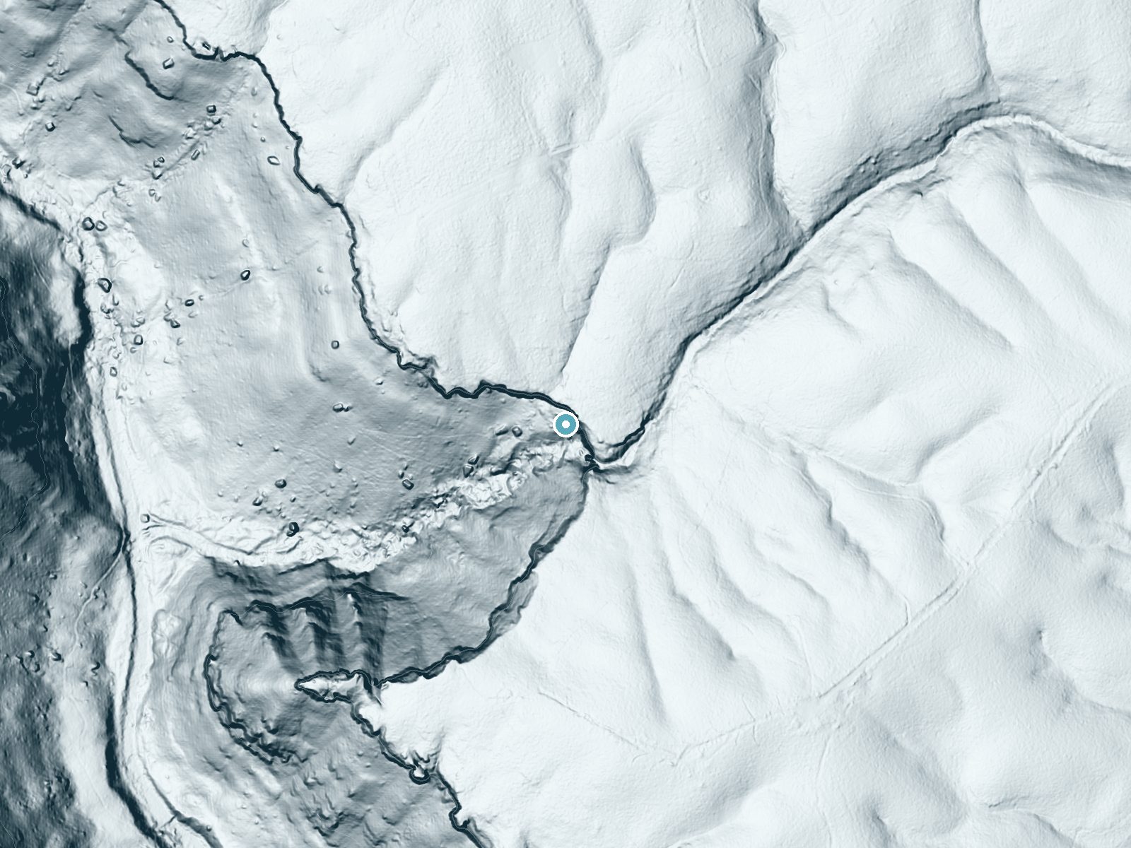 LiDAR bare-earth terrain around Laurel Falls near Dayton, Tennessee, showing about 240 feet of drop, a single sheer drop, facing southwest