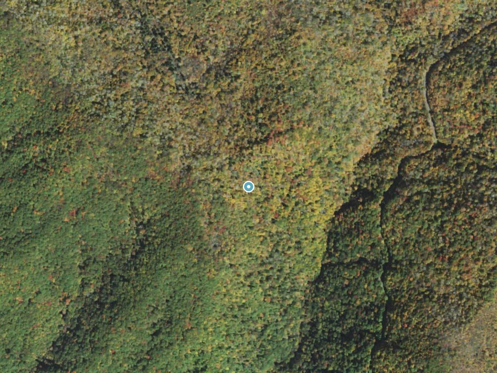 Aerial photo of the same ground around Flat Creek Falls near Maggie Valley, North Carolina, for comparison with the lidar view