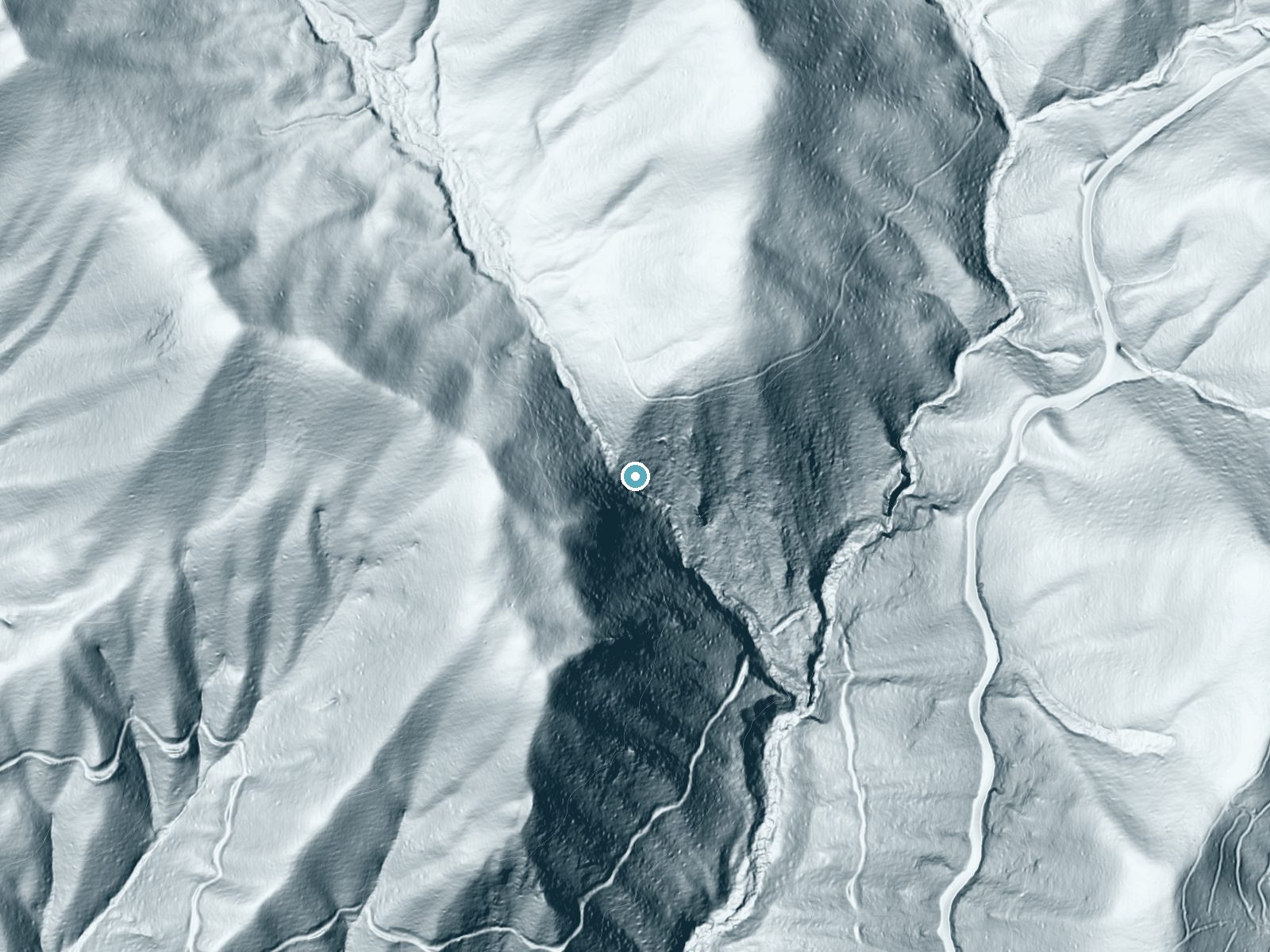 LiDAR bare-earth terrain around Flat Creek Falls near Maggie Valley, North Carolina, showing about 308 feet of drop, a steep tiered drop, facing southeast