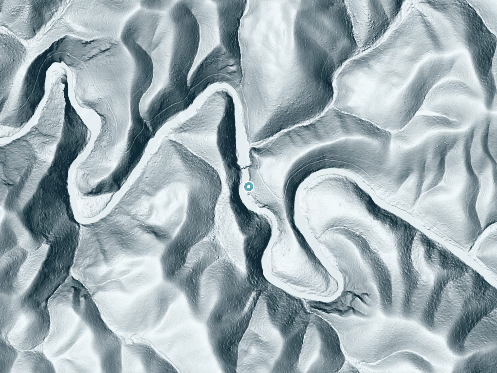 LiDAR bare-earth terrain around Abrams Falls near Townsend, Tennessee, showing about 161 feet of drop, a long cascade, facing west