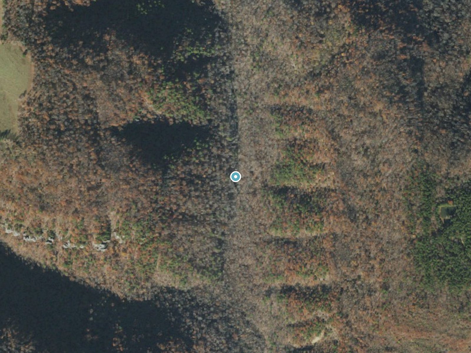 Aerial photo of the same ground around Spainhour Falls near Oark, Arkansas, for comparison with the lidar view