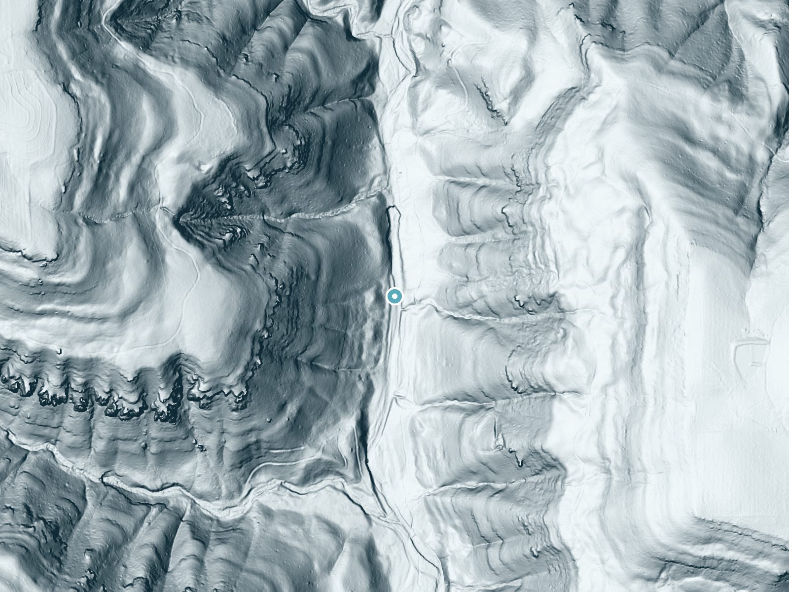 LiDAR bare-earth terrain around Spainhour Falls near Oark, Arkansas, showing about 91 feet of drop, a long cascade, facing southeast