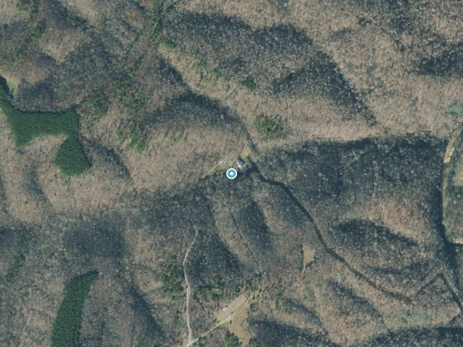 Aerial photo of the same ground around Jenkins Falls near Hohenwald, Tennessee, for comparison with the lidar view