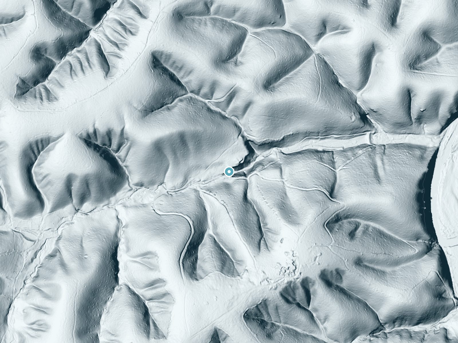 LiDAR bare-earth terrain around Jenkins Falls near Hohenwald, Tennessee, showing about 106 feet of drop, a long cascade, facing northeast
