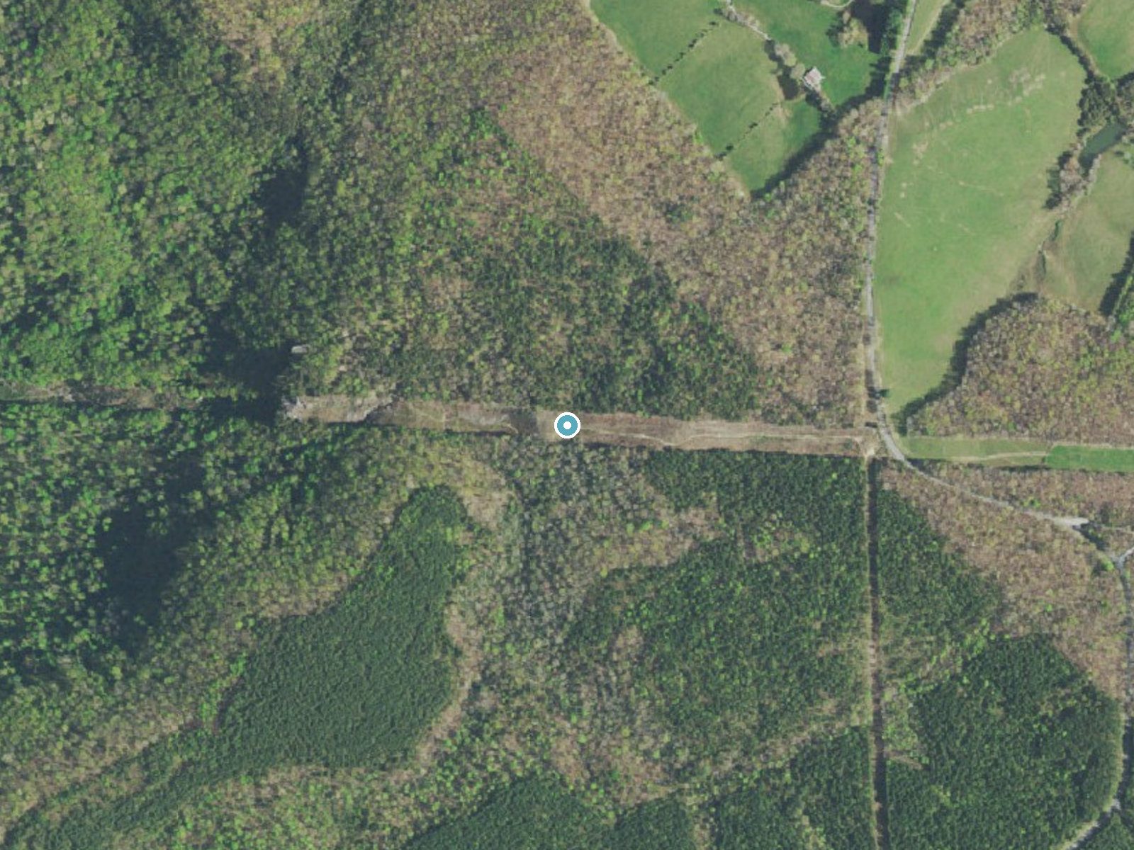 Aerial photo of the same ground around Hilliard Falls near Pikeville, Tennessee, for comparison with the lidar view