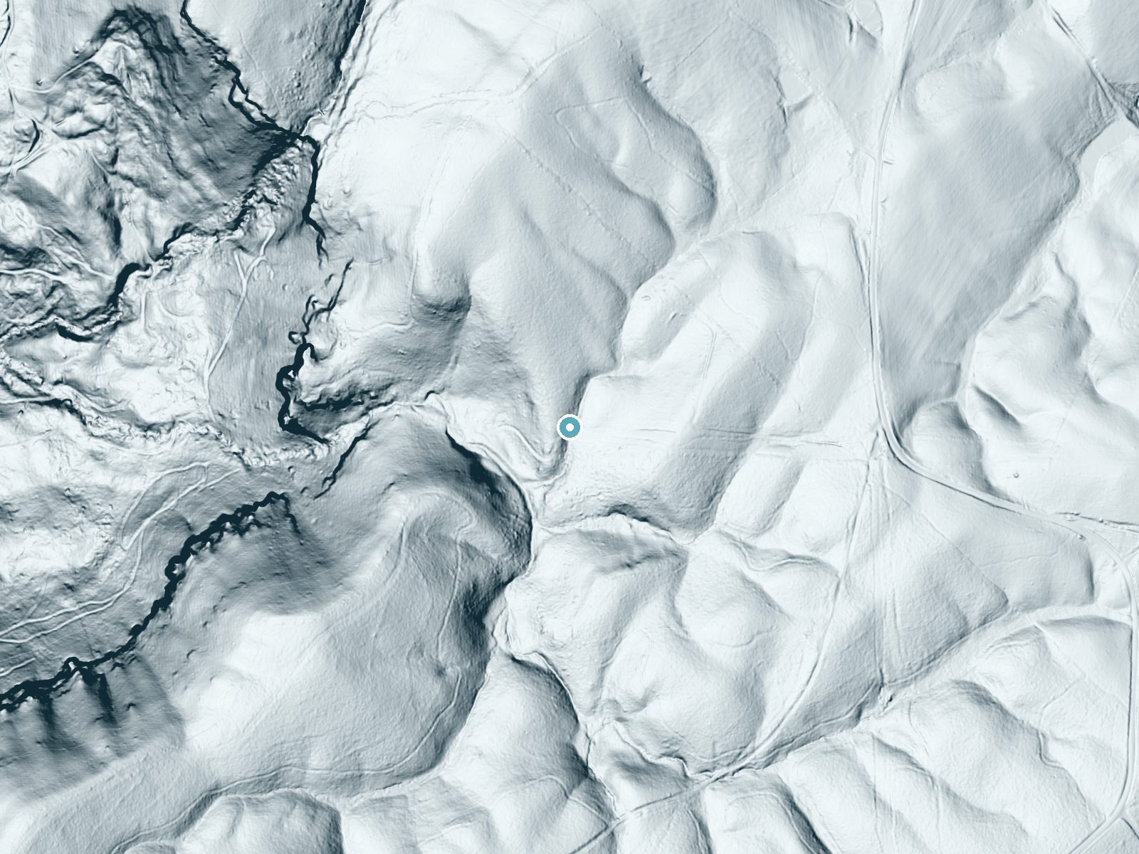 LiDAR bare-earth terrain around Hilliard Falls near Pikeville, Tennessee, showing about 84 feet of drop, a long cascade, facing southwest