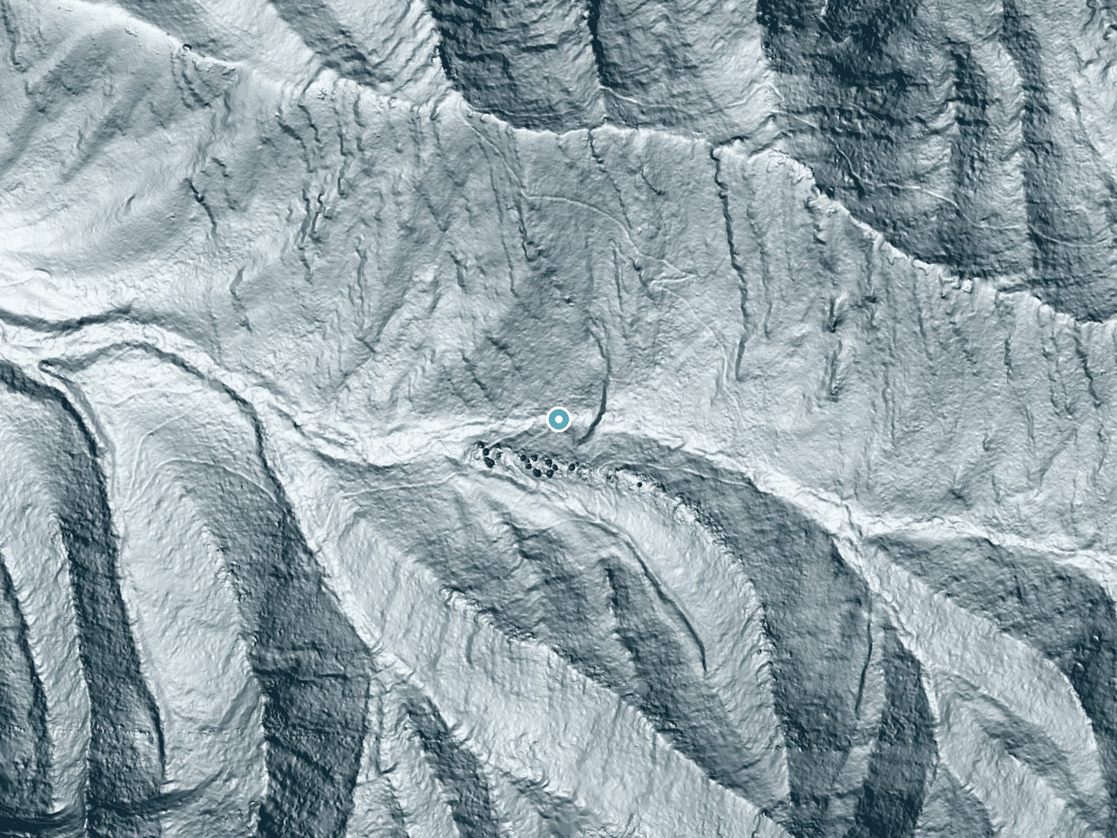 LiDAR bare-earth terrain around Rainbow Falls near Gatlinburg, Tennessee, showing about 245 feet of drop, a single sheer drop, facing west