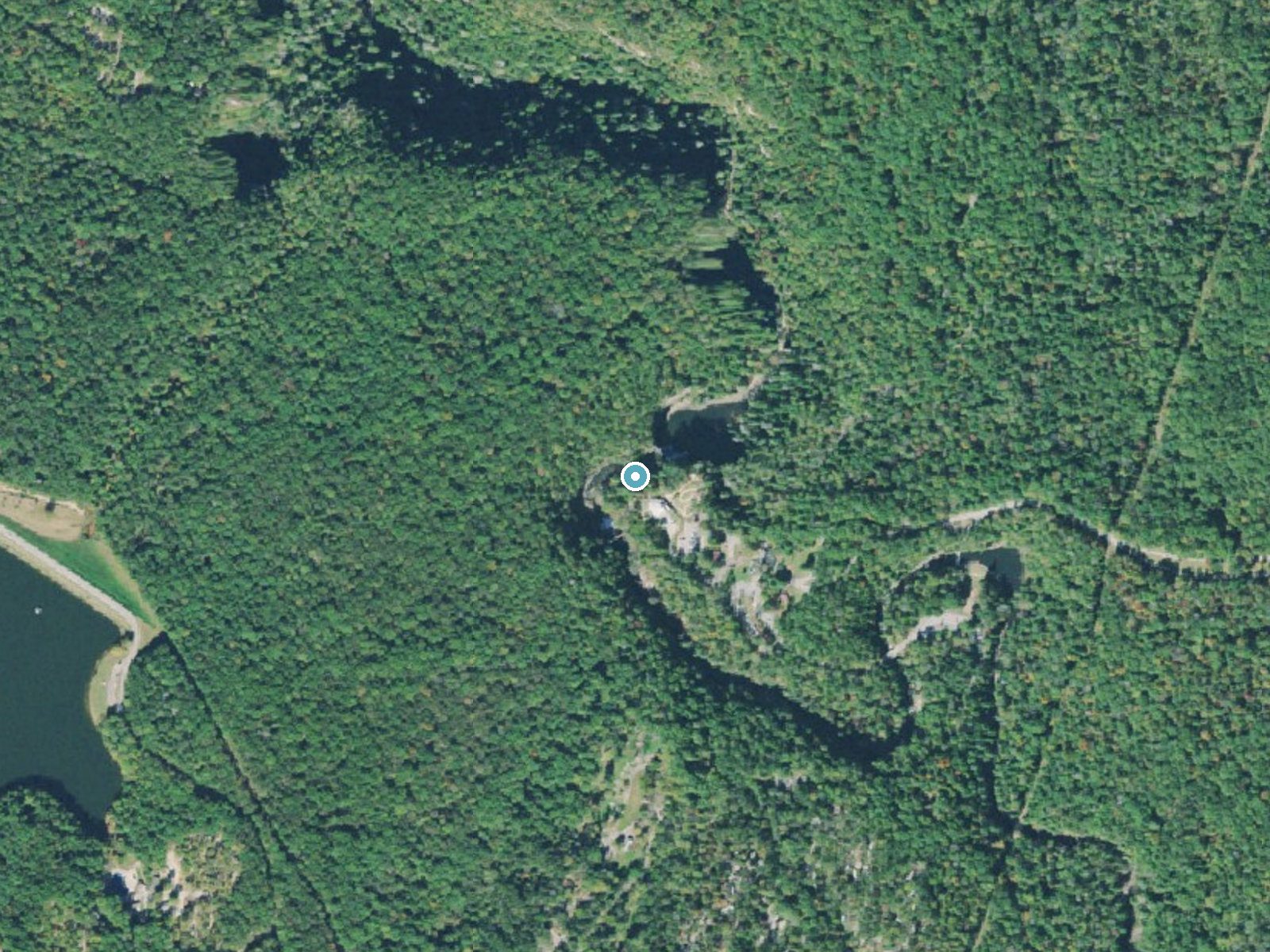 Aerial photo of the same ground around Cane Creek Falls near Spencer, Tennessee, for comparison with the lidar view
