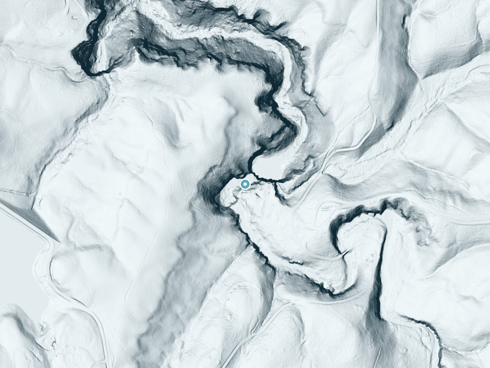 LiDAR bare-earth terrain around Cane Creek Falls near Spencer, Tennessee, showing about 221 feet of drop, a steep tiered drop, facing northeast