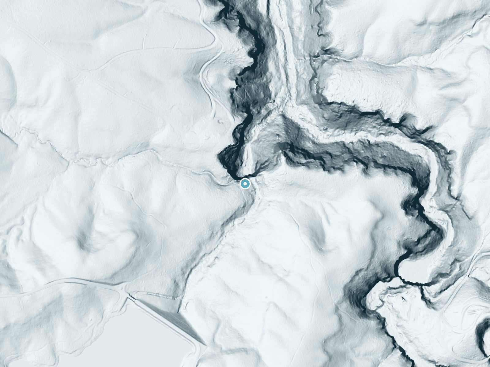 LiDAR bare-earth terrain around Fall Creek Falls near Spencer, Tennessee, showing about 264 feet of drop, a single sheer drop, facing north