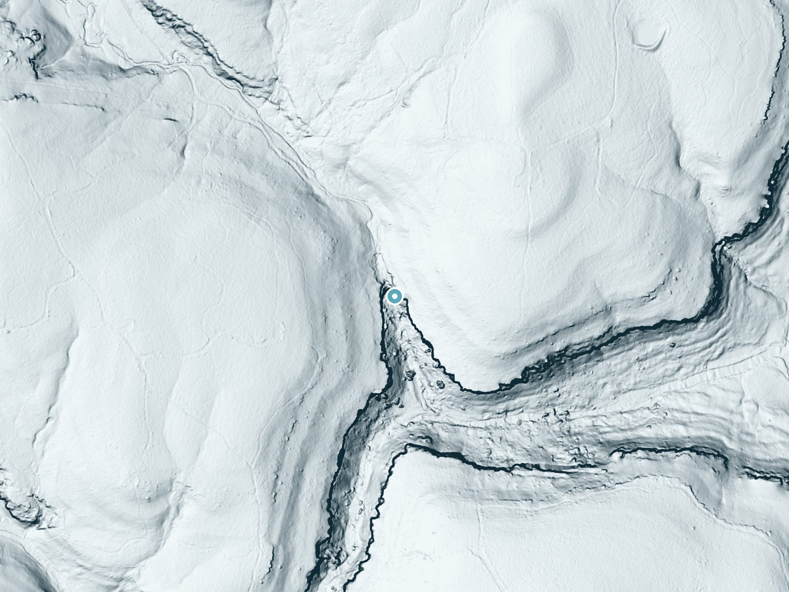 LiDAR bare-earth terrain around Bailey Falls near Concord, Arkansas, showing about 143 feet of drop, a steep tiered drop, facing south