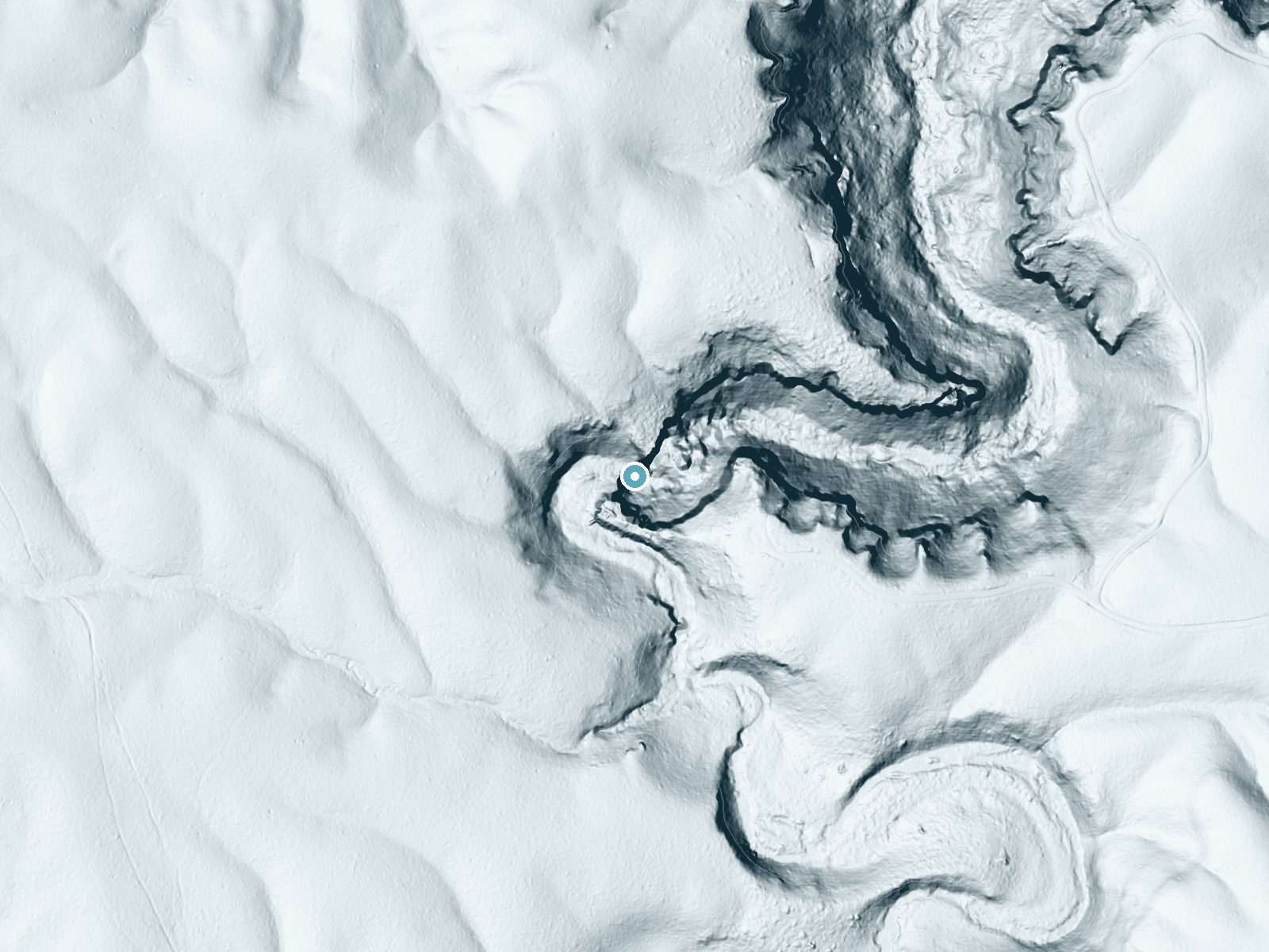 LiDAR bare-earth terrain around Piney Creek Falls near Spencer, Tennessee, showing about 204 feet of drop, a steep tiered drop, facing southeast