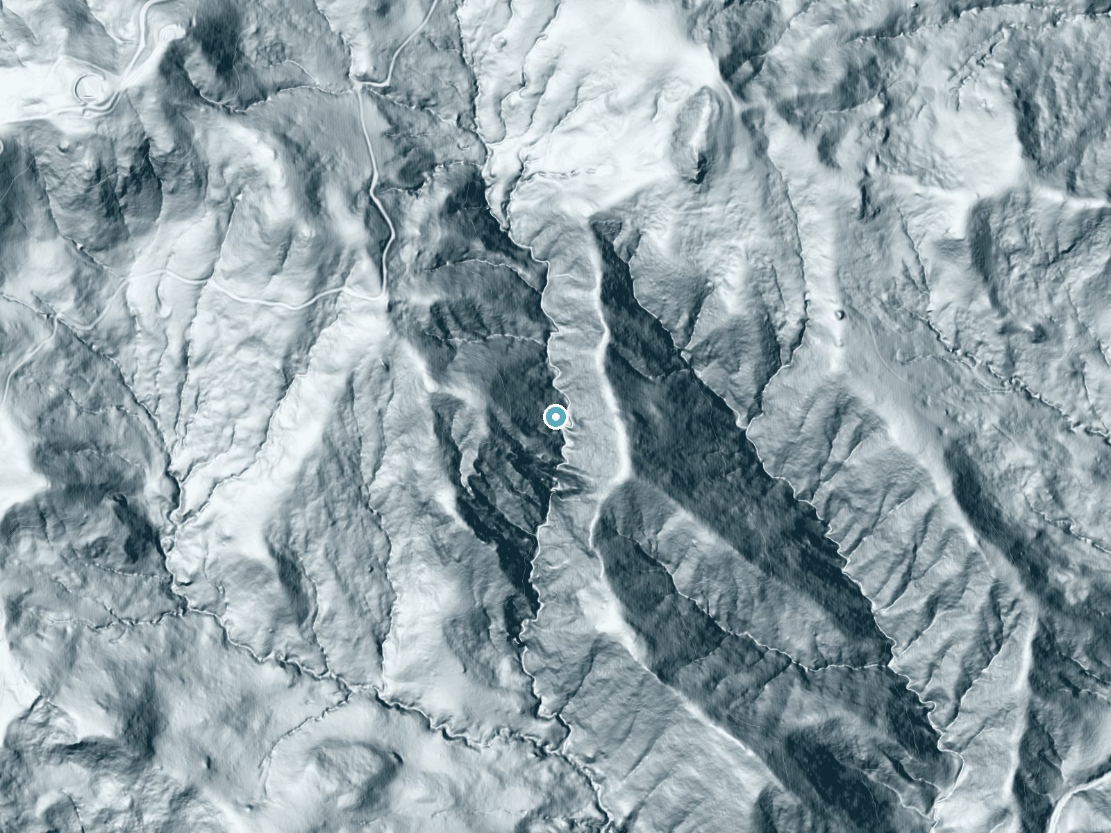 LiDAR bare-earth terrain around Three Troughs Falls near San Simeon, California, showing about 232 feet of drop, a steep tiered drop, facing southeast