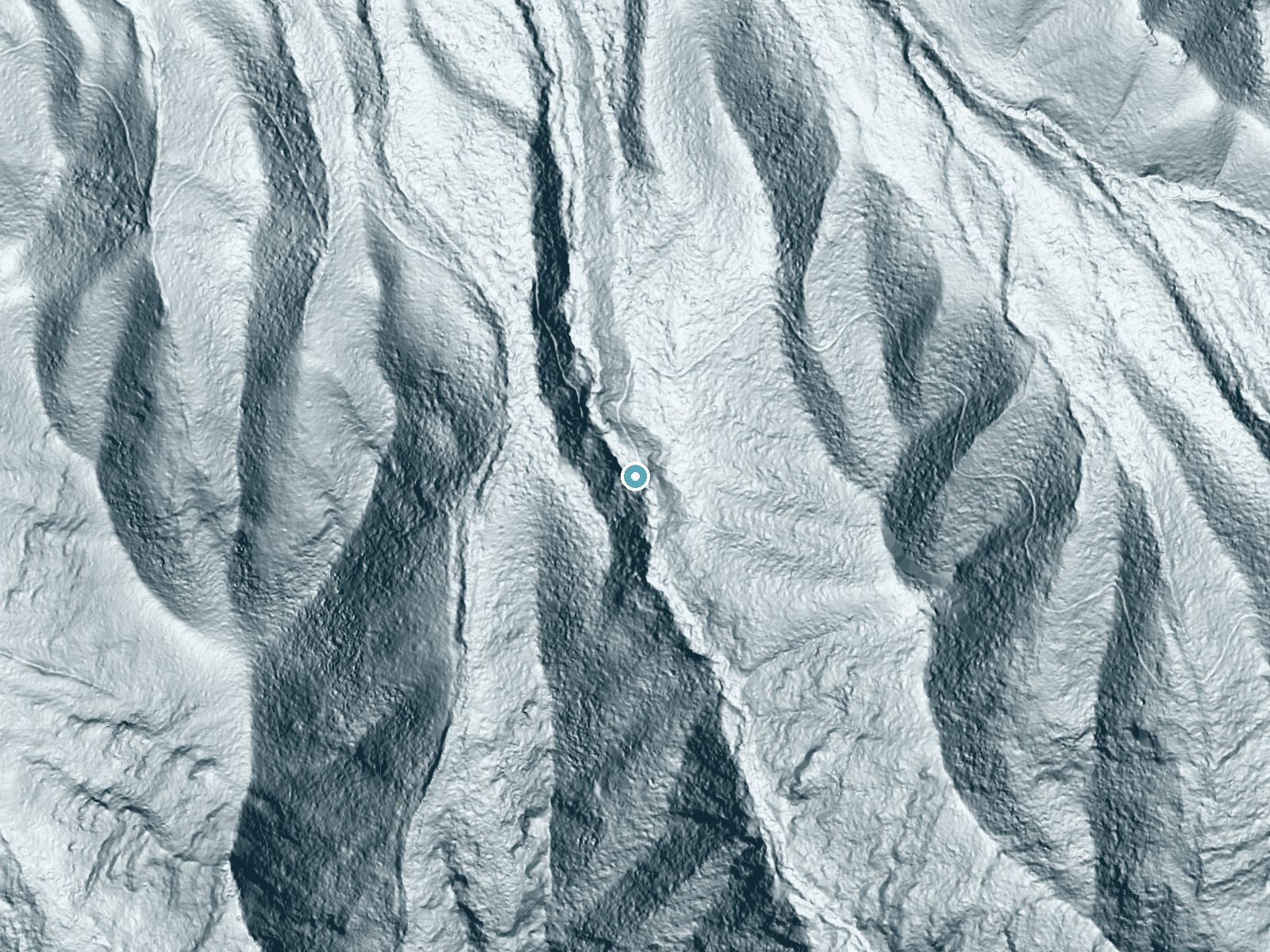 LiDAR bare-earth terrain around Grotto Falls near Gatlinburg, Tennessee, showing about 187 feet of drop, a steep tiered drop, facing northwest