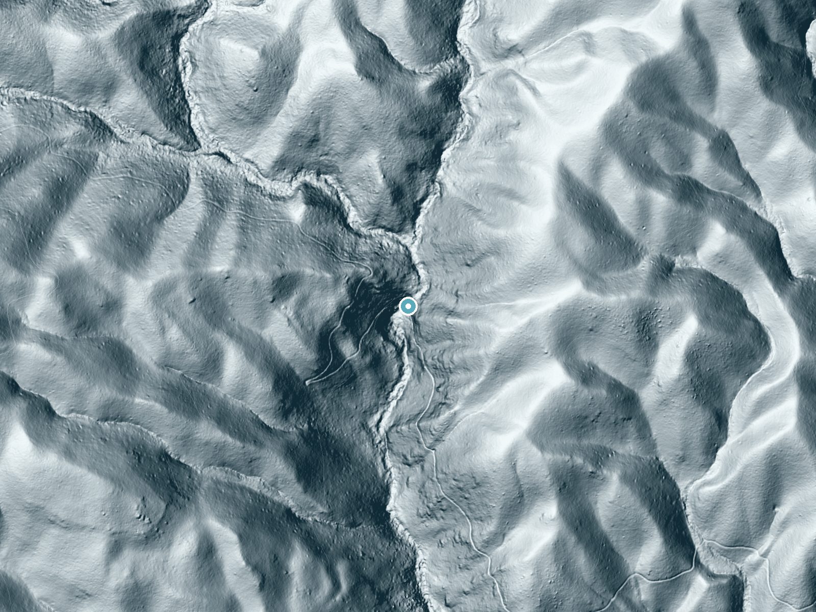 LiDAR bare-earth terrain around Laurel Falls near Gatlinburg, Tennessee, showing about 285 feet of drop, a steep tiered drop, facing southwest