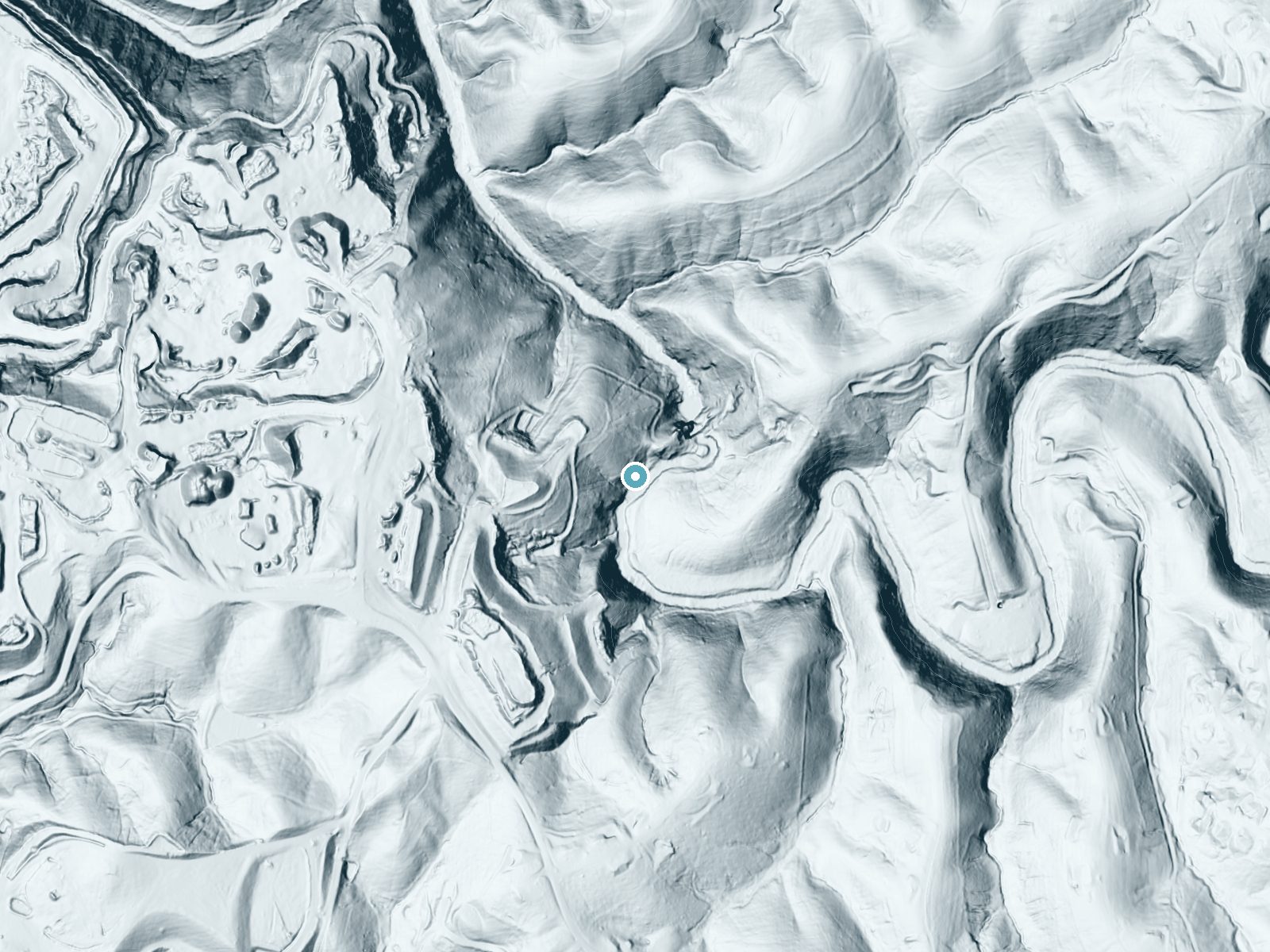 LiDAR bare-earth terrain around Reems Creek Falls near Weaverville, North Carolina, showing about 103 feet of drop, a steep tiered drop, facing southeast