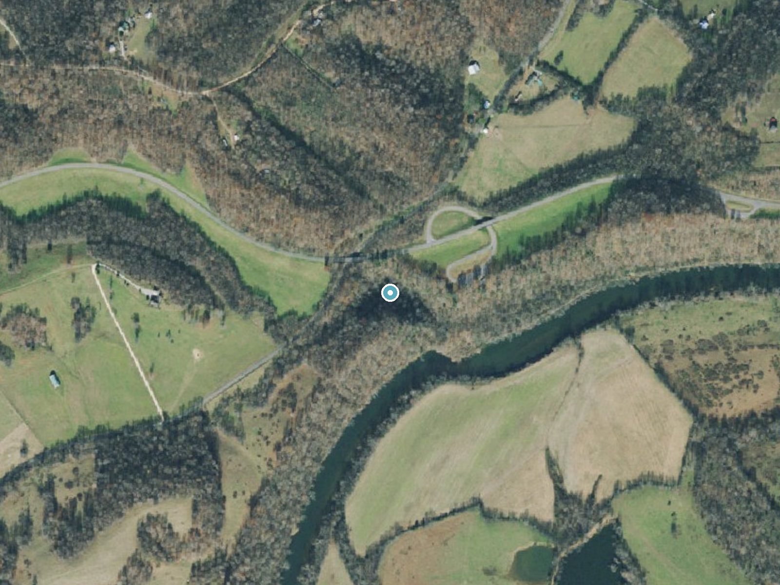 Aerial photo of the same ground around Jackson Falls near Mount Pleasant, Tennessee, for comparison with the lidar view