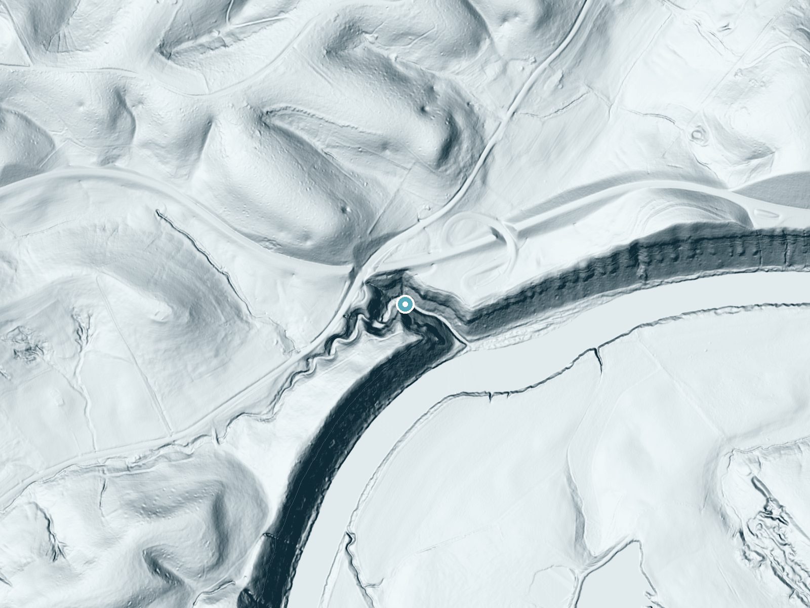 LiDAR bare-earth terrain around Jackson Falls near Mount Pleasant, Tennessee, showing about 174 feet of drop, a steep tiered drop, facing southeast