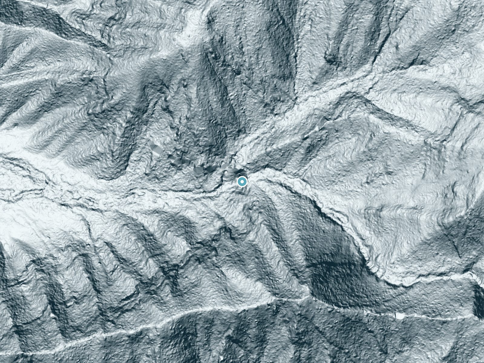 LiDAR bare-earth terrain around Ramsey Cascades near Pittman Center, Tennessee, showing about 206 feet of drop, a steep tiered drop, facing west