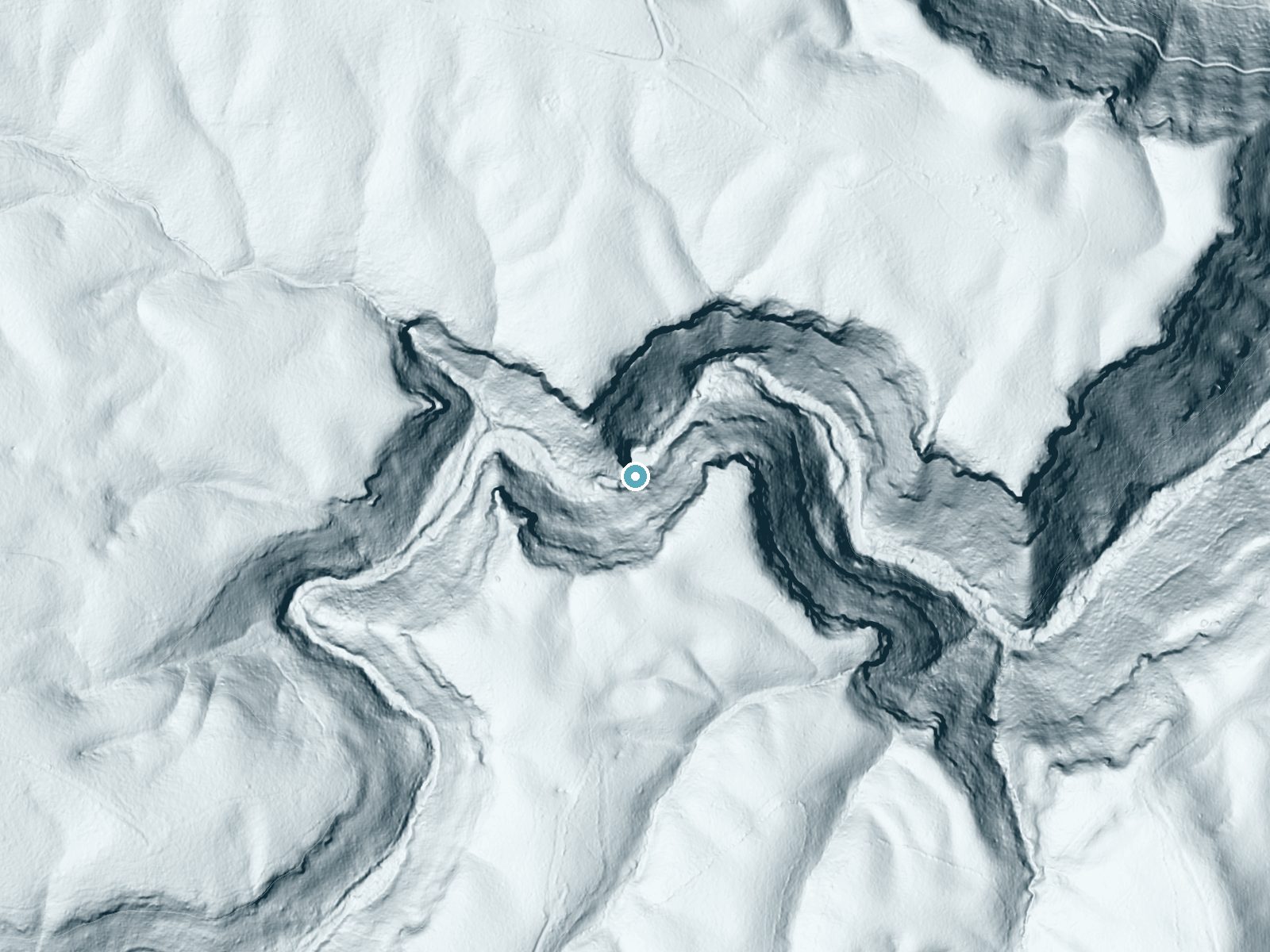 LiDAR bare-earth terrain around Stinging Fork Falls near Spring City, Tennessee, showing about 220 feet of drop, a steep tiered drop, facing north
