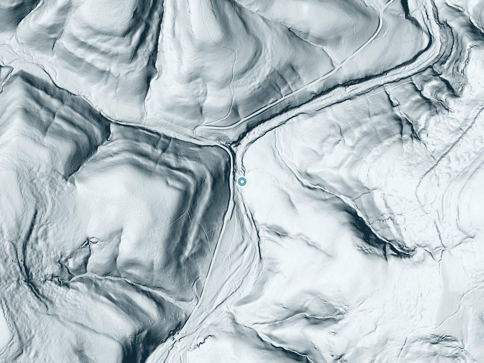 LiDAR bare-earth terrain around Falling Water Falls near Hector, Arkansas, showing about 77 feet of drop, a long cascade, facing northeast