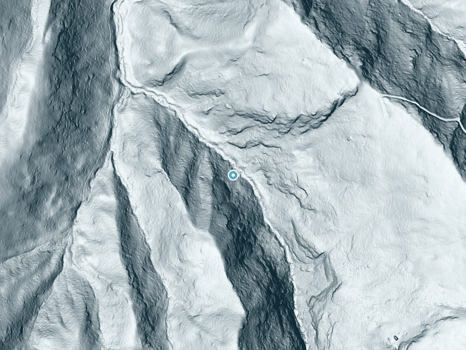 LiDAR bare-earth terrain around Douglas Falk near Barnardsville, North Carolina, showing about 260 feet of drop, a steep tiered drop, facing northeast