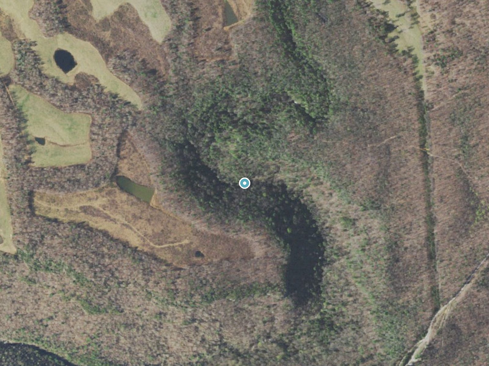 Aerial photo of the same ground around Lower Piney Falls near Spring City, Tennessee, for comparison with the lidar view