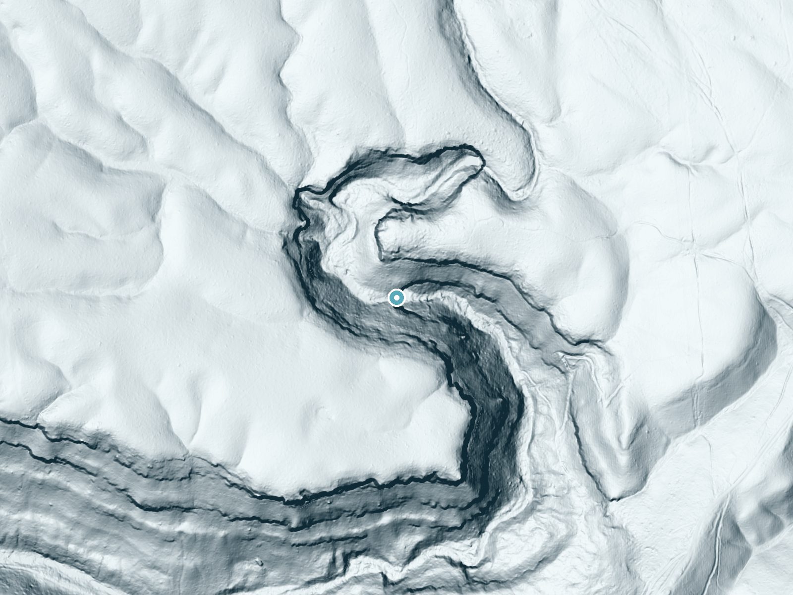 LiDAR bare-earth terrain around Lower Piney Falls near Spring City, Tennessee, showing about 202 feet of drop, a steep tiered drop, facing east