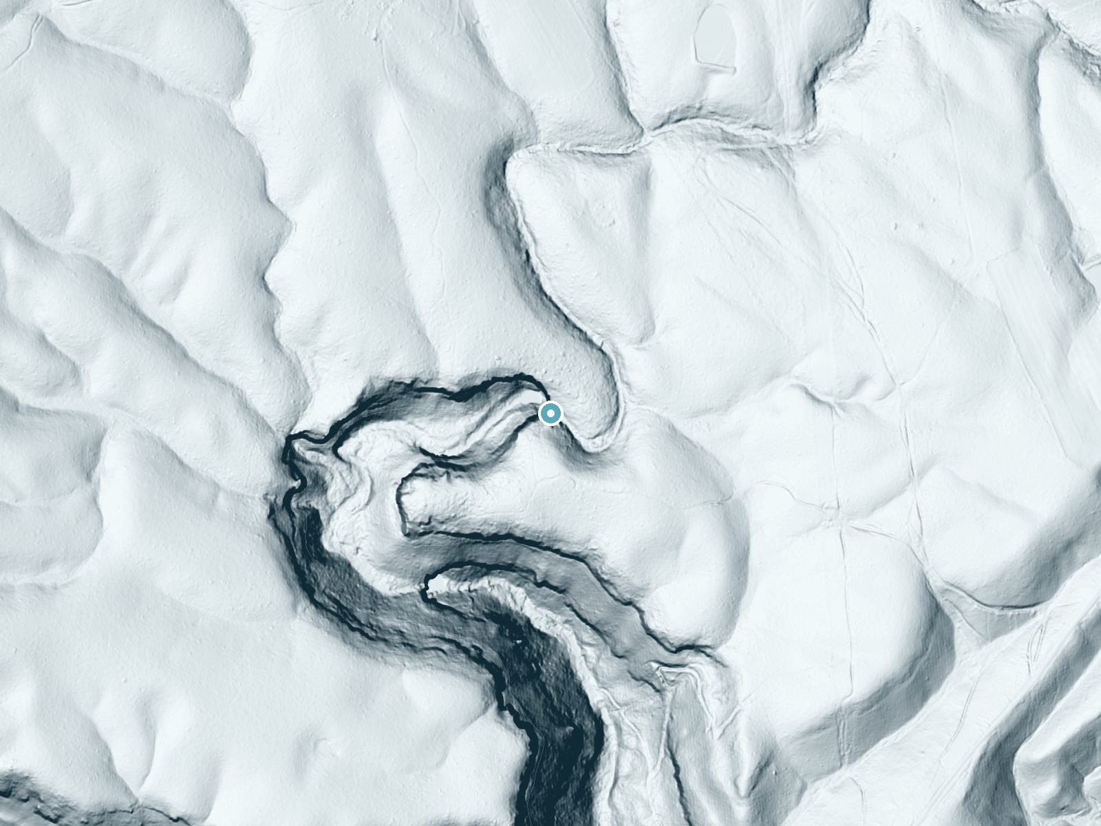 LiDAR bare-earth terrain around Upper Piney Falls near Spring City, Tennessee, showing about 147 feet of drop, a steep tiered drop, facing west