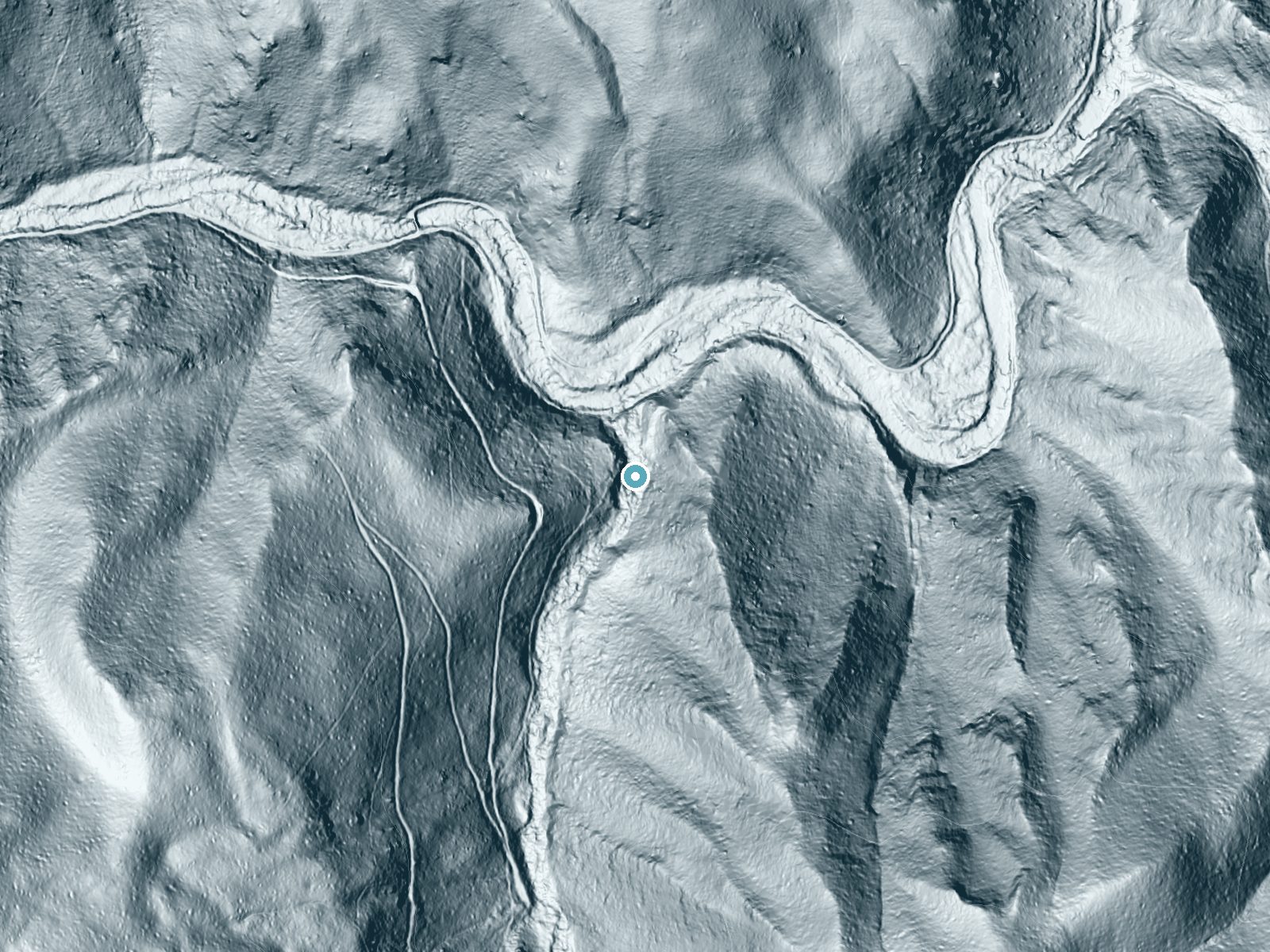 LiDAR bare-earth terrain around Mouse Creek Falls near Cosby, North Carolina, showing about 263 feet of drop, a steep tiered drop, facing northwest