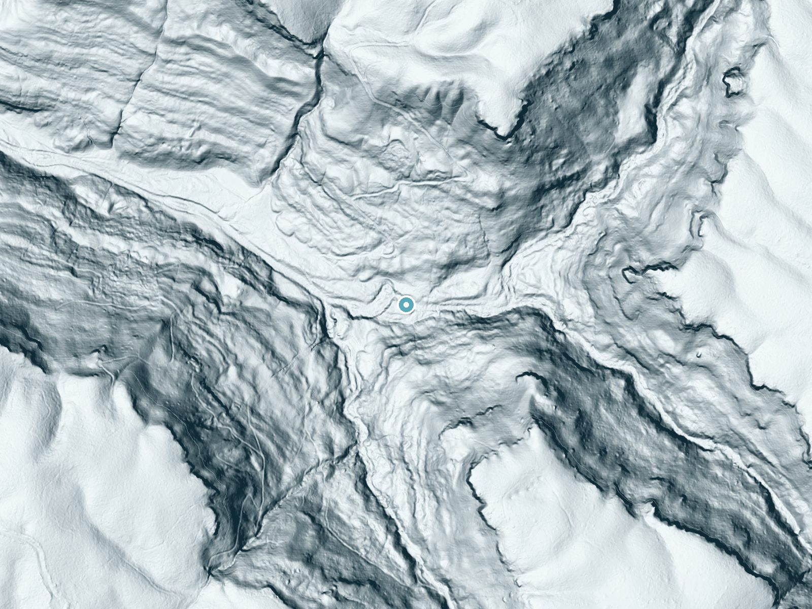 LiDAR bare-earth terrain around Hemlock Falls near Spencer, Tennessee, showing about 87 feet of drop, a long cascade, facing west