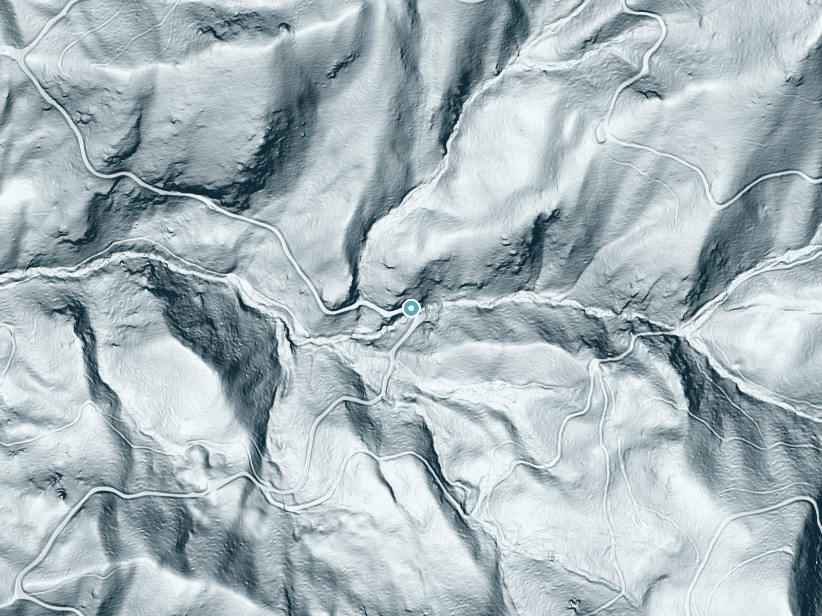 LiDAR bare-earth terrain around Walker Falls near Barnardsville, North Carolina, showing about 227 feet of drop, a steep tiered drop, facing southwest